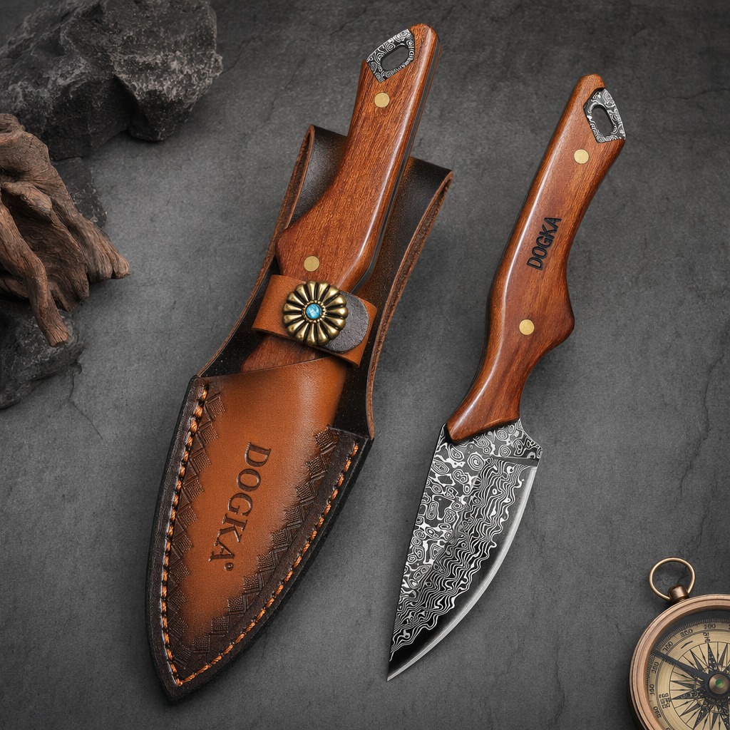 Camping Cooking Multi Tool - Pisau Dapur Baja Damaskus Gagang Kayu